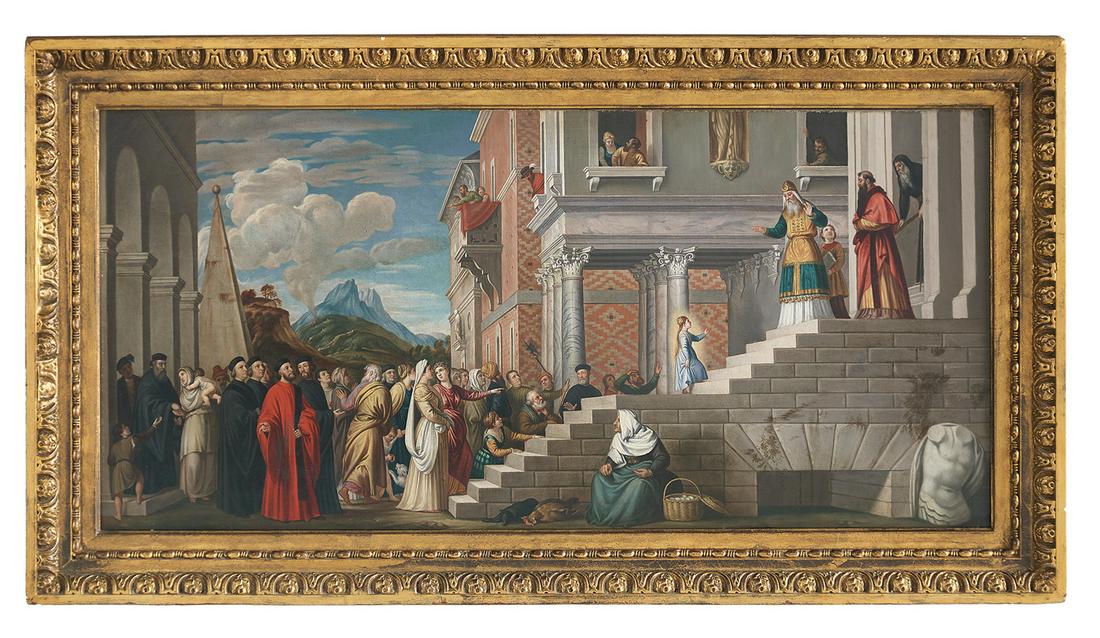 After Ghirlandaio (Florentine, 1448-1494): After Domenico Ghirlandaio (Florentine, 1448-1494) "Presentation of the Virgin to the Temple", 19th century oil on canvas Framed. 18-1/4" x 38-3/4", framed 24" x 44-1/2"