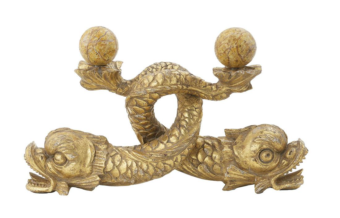 Italian Carved Giltwood Dolphins: Italian Carved Giltwood Dolphins second quarter 19th century, modeled with their tails intertwined, each tail balancing a faux marbre spherule. h. 13-3/4", w. 24", d. 5-1/2"
