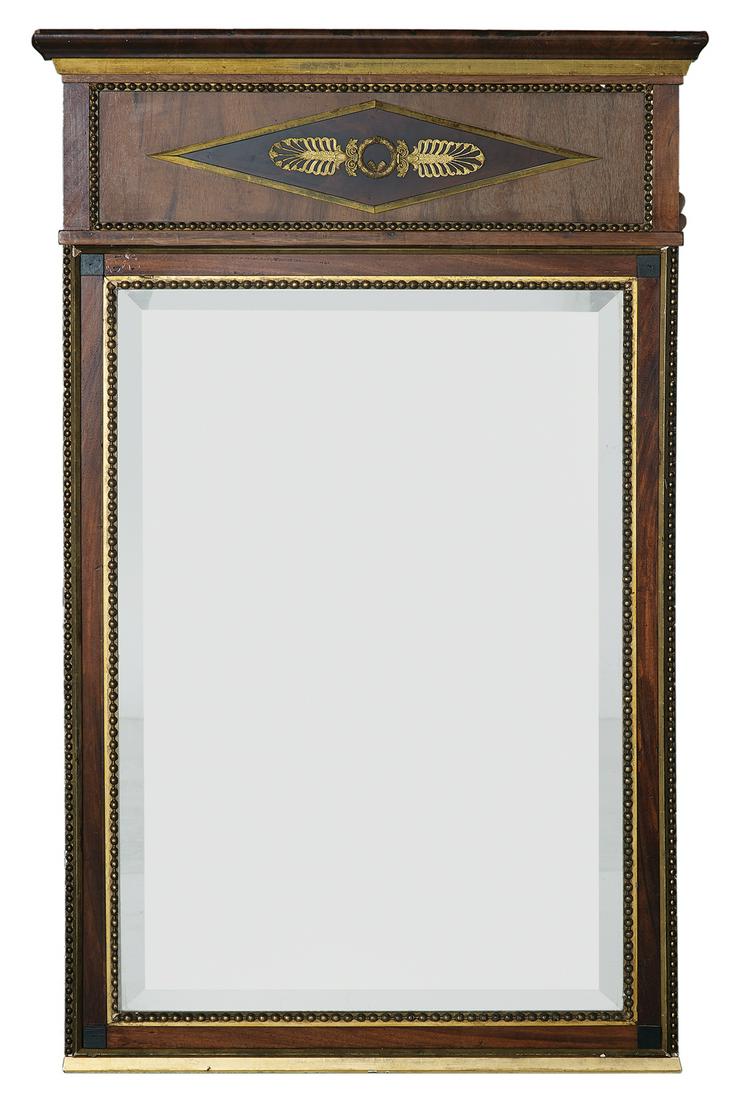 Biedermeier-Style Bronze-Mounted Mahogany Mirror: Biedermeier-Style Bronze-Mounted Mahogany Mirror first quarter 20th century, the upper tablet decorated with a crotch mahogany lozenge set with a pierced and molded gilt-bronze mount in a panel lined 
