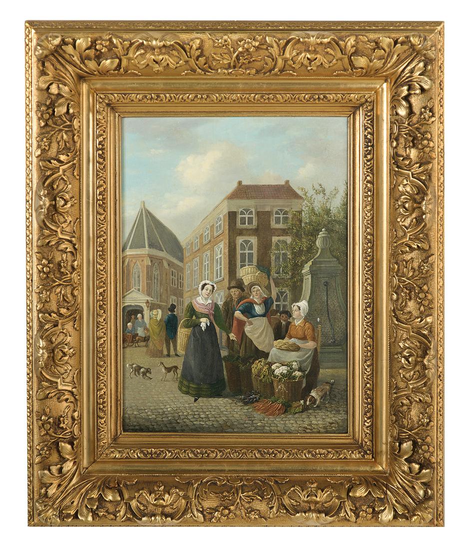 Jean P. Platteel (Belgian, 19th Century): Jean P. Platteel (Belgian, 19th Century) "Vegetable Vendors at Market" oil on panel signed lower right. Framed. 17-1/4" x 12-1/4", framed 27" x 22-1/8"