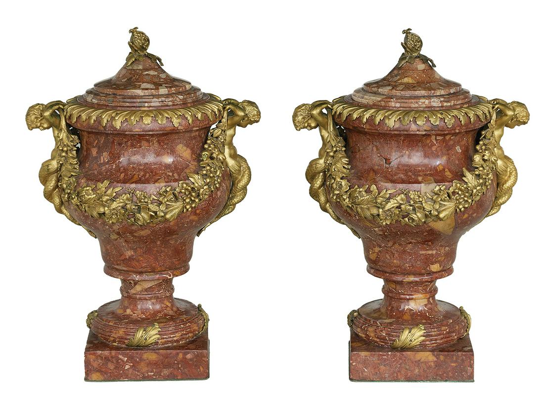 Pair of French Gilt-Bronze & Marble Covered Urns (1 of 2)