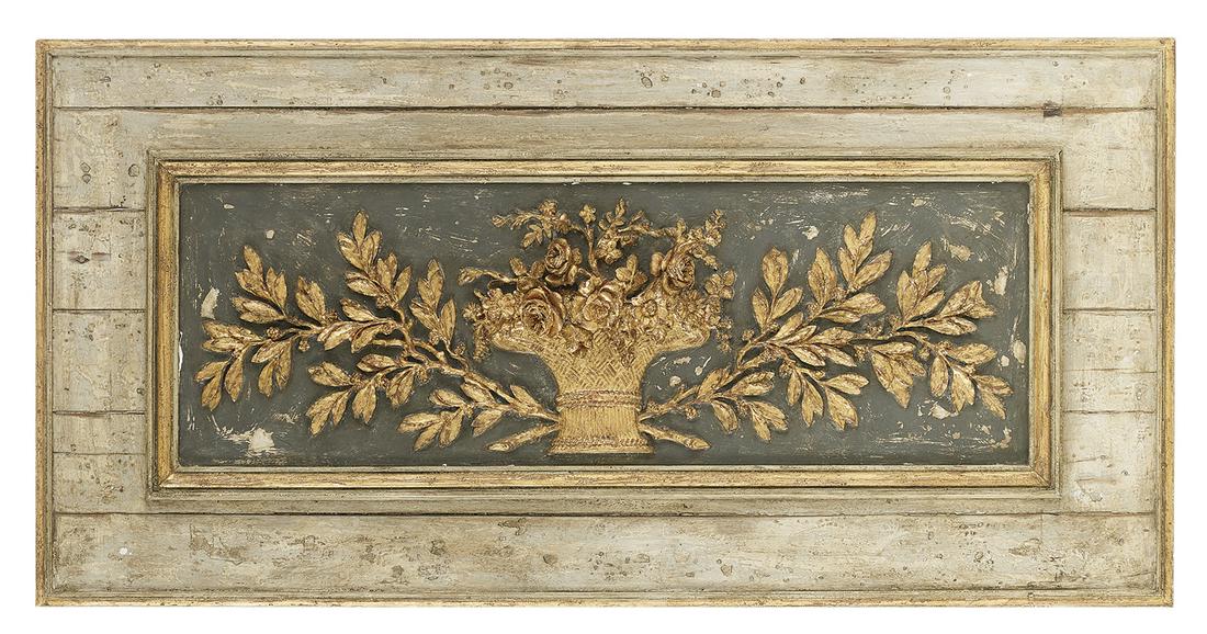 French Painted and Parcel-Gilt Plaque: French Painted and Parcel-Gilt Plaque in the Neoclassical Taste first quarter 20th century, decorated with a giltwood depiction of a basket of flowers, framed with sprays of laurel on an olive ground,