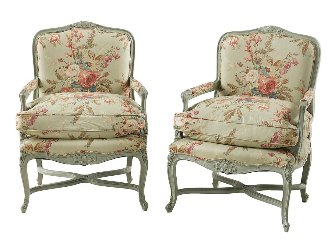 Pair of Louis XV-Style Polychromed Fauteuils: Pair of Louis XV-Style Polychromed Fauteuils each with a padded square back surmounted by a foliate crest, joined by padded scrolling arms to the cushioned seat, raised on cabriole legs joined by an X