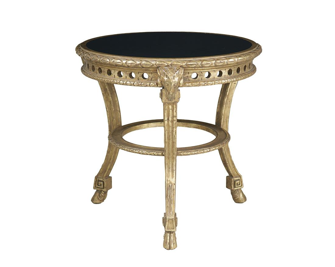Empire-Style Giltwood and Granite-Top Gueridon: Empire-Style Giltwood and Granite-Top Gueridon the circular marble top within a laurel leaf-carved edge and raised above a circular pierced frame on three concave fluted legs headed by lion's-head cap