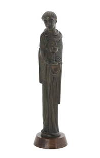 Jean Lambert-Rucki (Polish/France, 1888-1967): Jean Lambert-Rucki (Polish/France, 1888-1967) "Saint Jean l'Evangeliste" patinated bronze cast signature along back edge of robe, on a wooden plinth. overall h. 16-3/4", w. 4-3/8", d. 4-3/8"