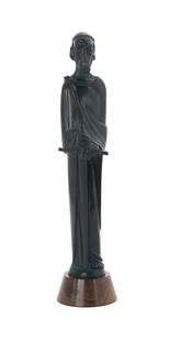 Jean Lambert-Rucki (Polish/France, 1888-1967): Jean Lambert-Rucki (Polish/France, 1888-1967) "Saint Paul" patinated bronze cast signature along back edge of robe, on a wooden plinth. overall h. 17-1/2", w. 4", d. 4"