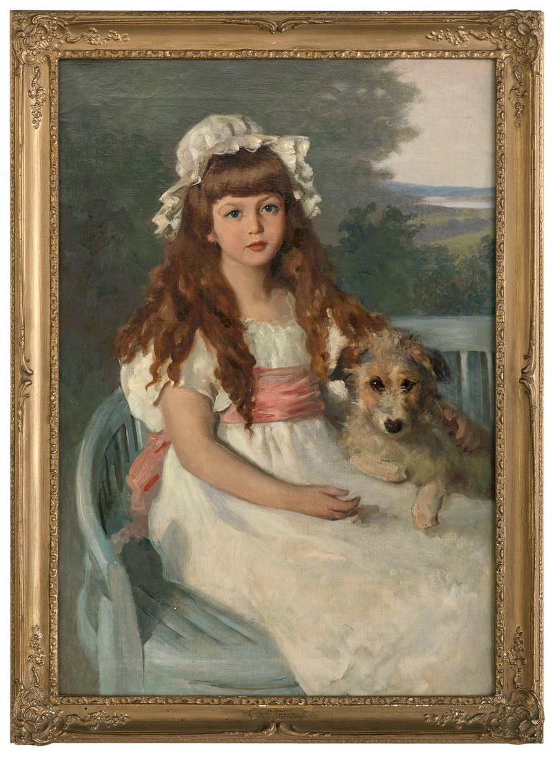 Attributed to Ida Baumann (Swiss, 1864-1932): Attributed to Ida Baumann (Swiss, 1864-1932) "Her New Pet" oil on canvas unsigned, typewritten biography and several old labels en verso, artist plaque at front. Framed. 40" x 27-3/4", framed 45-3/4" 