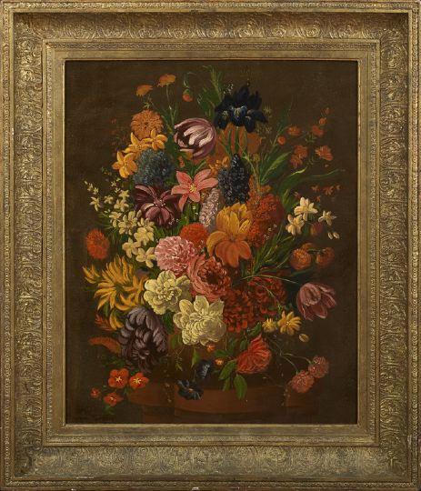 Manner of Jan Van Huysum (Dutch, 1682-1749): Manner of Jan Van Huysum (Dutch, 1682-1749) "Still Life of Flowers", oil on canvas, signed lower left "Van Huysum", 36-1/2" x 28". Presented in a late 19th-century molded giltwood and plaster frame.