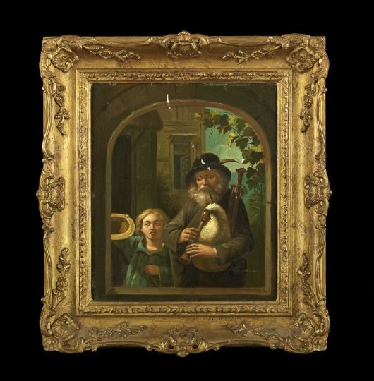 Continental School (19th Century): Continental School (19th Century) "Man with Bagpipe and Girl Holding a Hat", oil on tin, unsigned, 10" x 8-3/8". Presented in a contemporary giltwood frame.