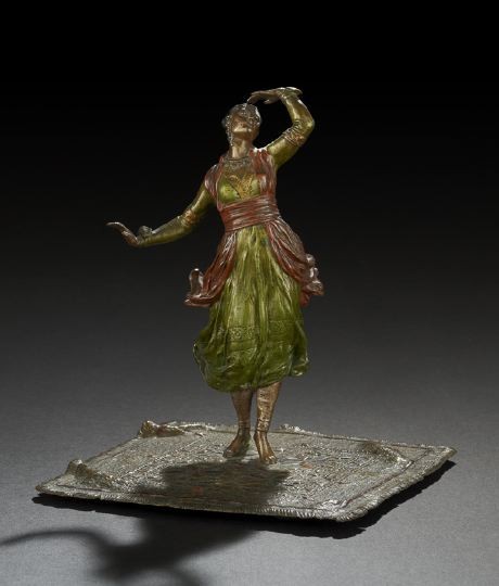 Franz-Xavier Bergman (German, 1861-1936): Franz-Xavier Bergman (German, 1861-1936), a "Vienna Bronze" polychromed figure of a Turkish dancer standing on a square fringed oriental carpet, fourth quarter 19th century, the carpet touchmarked wit