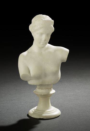 Italian "Grand Tour" Carved Marble Bust of Venus: Italian "Grand Tour" Carved Carrara Marble Bust of Venus, fourth quarter 19th century, after the Antique model, presented on a matching Carrara marble base of capstan form, h. 8-1/2", w. 4-1/4".