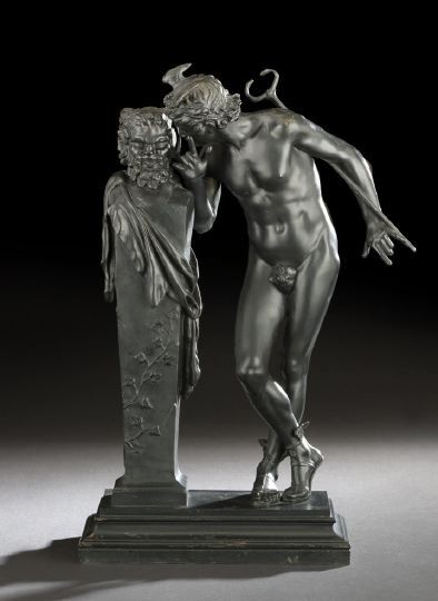 Hippolyte A.J. Moulin (French, 1832-1884): Hippolyte Alexandre Julien Moulin (French, 1832-1884) "Secret d'en Haut" ("A Secret from on High"), fourth quarter 19th century, a black-painted bronze figure after the 1873 model, depicting the adole