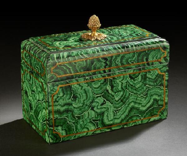Brass-Mounted Malachite-Grained Wooden Desk Box: Gilt-Brass-Mounted Malachite-Grained Wooden Desk Box, by Maitland-Smith, in the neoclassical taste, the interior sponged in malachite green throughout, the cover centered with a gilt-brass upright pom