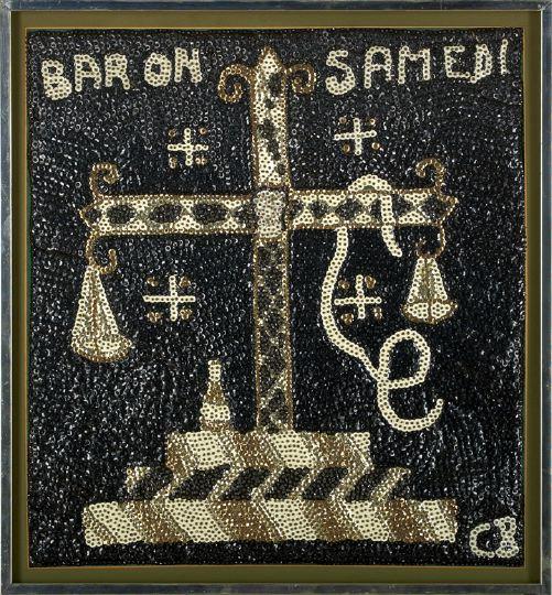 Haitian Sequined Drapeau of Baron Samedi: Haitian Sequined Drapeau of Baron Samedi, the master of the crossroad of life and death, represented by a snake-entwined cross with an offering of Vum among other symbols, signed lower right "CB" and