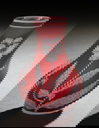 Fine English Cameo Glass Cabinet Vase: Fine English Cameo Glass Cabinet Vase, fourth quarter 19th century, probably Thomas Webb and Sons or Stevens and Williams, Stourbridge area, in white-over-frosted cranberry "Pansy" decor, the obverse