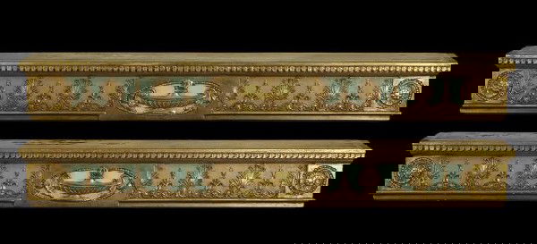 Large Pair of George VI Drapery Valences: Large Pair of George VI Drapery Valences, composed of matte "Wedgwood blue"-painted, parcel-gilt wood and plaster in the style of Robert Adam (1728-1792), the facade centered with a giltwood lighted A