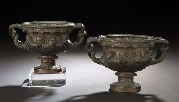 Pair of English Patinated Bronze Garniture Coupes: Good Pair of English Black/Brown-Patinated Bronze Garniture Coupes, third quarter 19th century, in the form of the celebrated "Warwick Vase", h. 5-1/2", w. 8-1/2".
