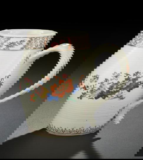 Chinese Export Porcelain Ale Tankard: Chinese Export Porcelain Floral-Enameled Ale Tankard, first quarter 19th century, of ringed barrel form, h. 5-3/4".