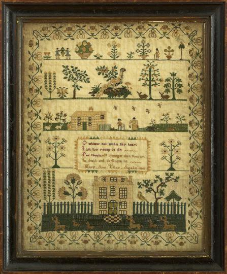 Fine English Embroidered Linen Sampler: Fine English Embroidered Linen Sampler, featuring registers of flowers and figures, birds, rabbits and trees, a house and figures, a motto, and a house and deer herd, dated 1842, by Mary Ann Tilley, a