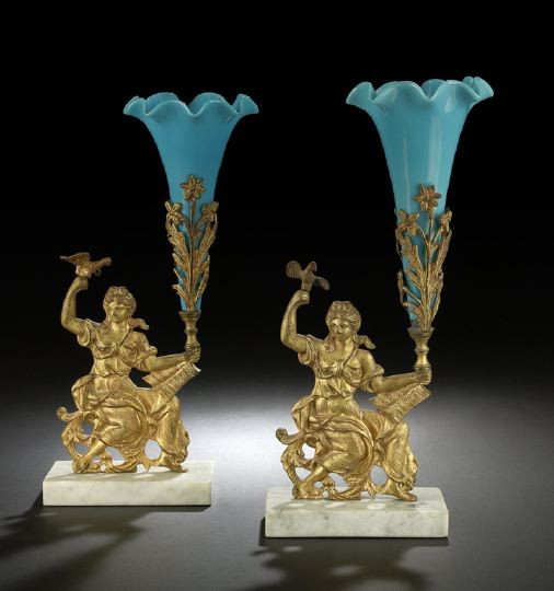 Pair of American "Muse" Girandole Garniture Vases: Pair of American "Muse" Girandole Garniture Vases, third quarter 19th century, composed of gilt-lacquered brass and marble, each seated Muse holding a reticulated gilt-brass trumpet vase frame with pe