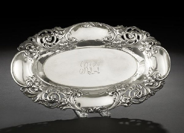 Gorham Sterling Silver Bread Tray: Gorham Sterling Silver Bread Tray, 1898, Providence, Rhode Island, of shaped, lobed oval form, the everted rim pierced and decorated with embossed and chased rococo scrolls and flowers, the plateau mo