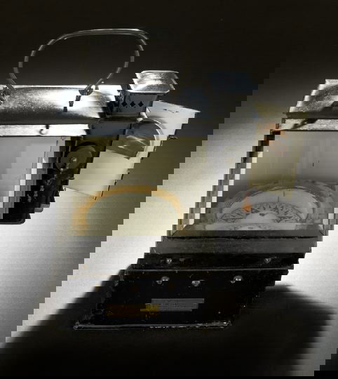 WWII-Era U. S. Navy Lifeboat Binnacle Lamp: World War II-Era U. S. Navy Lifeboat Binnacle Lamp, the 5" fluid gimbaled brass compass by John Bliss & Co., New York, serial number 7369, the black and white card divided into 124 points (2.81 degree