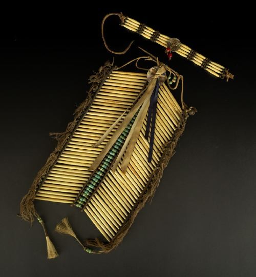 Native American Breastplate and Choker: Native American Breastplate and Choker, the breastplate composed of a heavy rawhide frame with a bell at each corner, centered with a row of metal and turquoise glass beads, topped with an abalone dis