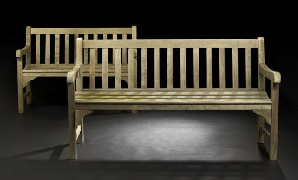 Suite of Two Contemporary Hardwood Garden Settees: Suite of Two Contemporary Hardwood Garden Settees one two-seat, the other three-seat, each with a slatted back joined by shaped arms to the like seat, raised on square legs, h. 33, d. 24", one w. 47",