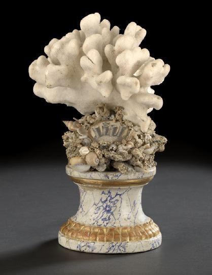 Italian White Branch Coral and Seashell Garniture: Italian White Branch Coral and Seashell Garniture, first quarter 20th century, presented on a parcel-gilt faux-marbre base of capstan form, h. 14", w. 8-1/2".