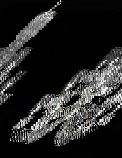 American Art Deco Tiered 18-Light Chandelier: Striking American Art Deco Tiered Eighteen-Light Chandelier, second quarter 20th century, composed of silvered nickel, Lucite and glass, in the neoclassical taste, the curvate candlearms and disc-form