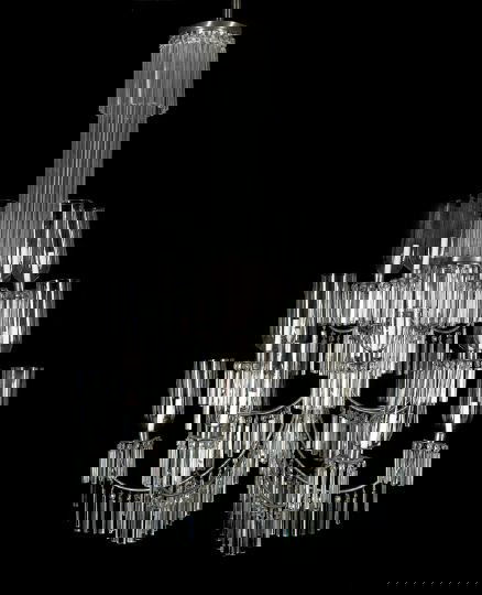 American Art Deco Tiered 18-Light Chandelier: Striking American Art Deco Tiered Eighteen-Light Chandelier, second quarter 20th century, composed of silvered nickel, Lucite and glass, in the neoclassical taste, the curvate candlearms and disc-form