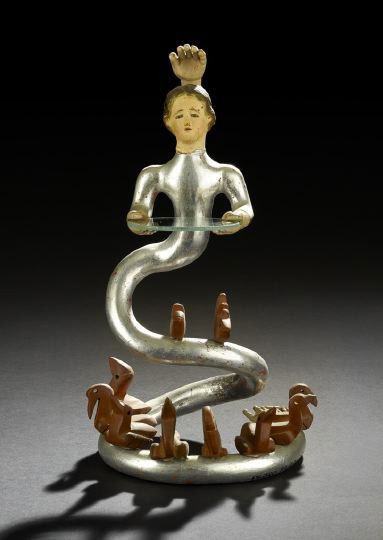 Pedro Friedeberg (American, b. Italy, 1936): Pedro Friedeberg (American, b. Italy, 1936) "Adamastor", 1987, a carved, polychromed, silvered and natural wooden and glass tabletop sculpture, signed on the basal edge in black uppercase letters "Ped