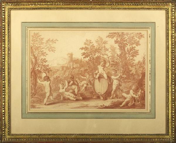 After M. A. Franceschini (Italian, 1648-1729): After Marc Antonio Franceschini (Italian, 1648-1729), Engraved by Francesco Bartolozzi (Italian, 1727-1815), a pair of stipple engravings in sanguine of, respectively, classical landscape with putti c