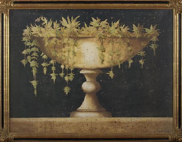 After Jacques Lamy (French, b. 1946): After Jacques Lamy (French, b. 1946), a transfer print on canvas decorative panel featuring a sedum-filled footed compote in the Antique style on an antiqued black background, with printed signature l