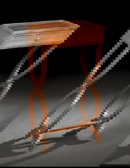 Restauration Fruitwood Occasional Table: Restauration Fruitwood Occasional Table, mid-19th century, the dished rectangular top above a conforming frieze fitted with a single drawer, raised on double pierced ovoid end supports joined by a str