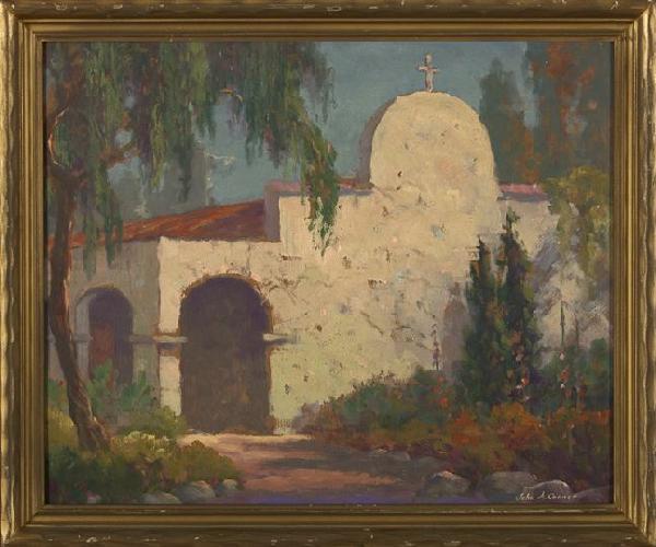 John Anthony Conner (California, 1892-1971): John Anthony Conner (American/California, 1892-1971) "Mission San Juan Capistrano", oil on board, signed lower right "John A. Conner", 17-1/2" x 21-3/4". Framed.