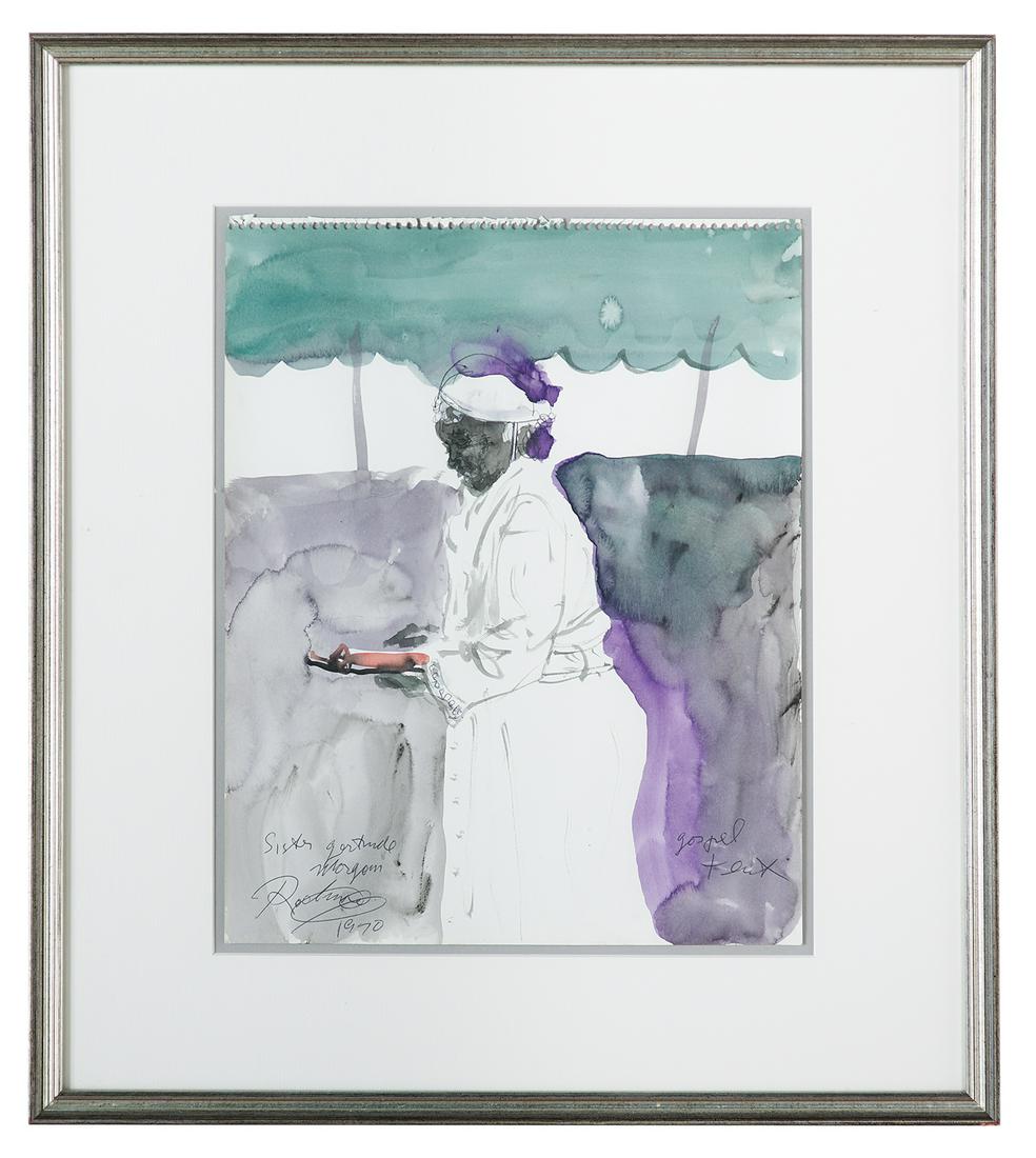 Noel Rockmore (US, 1928-1995): Noel Rockmore (American/Louisiana, 1928-1995) "Sister Gertrude Morgan, 1970 Jazz Fest, Gospel Tent" watercolor and ink on paper signed, dated and titled lower left, further inscribed lower right. Floa