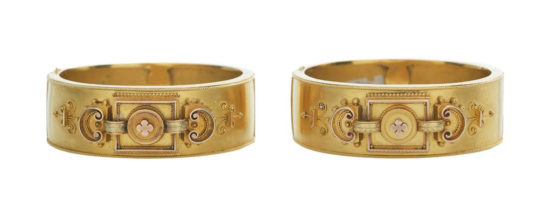 Pair of Victorian Etruscan Revival Cuff Bracelets: Fine Pair of Victorian Etruscan Revival Cuff Bracelets ca. 1865, 12k yellow gold, each hinged cuff with plain, straight band with fine ropework edge, centering a scroll-mantled circle and square, acce