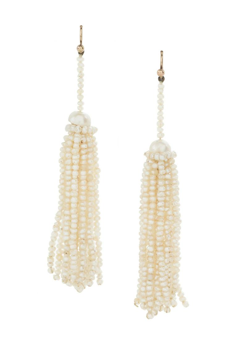 Pair of Antique Seed Pearl Tassel Earrings: Pair of Antique Seed Pearl Tassel Earrings ca. 1900, each with a split-pearl head and seed pearl neck and skirt, suspended by a short strand of seed pearls to the 10k yellow gold "fishhook" earwire. l
