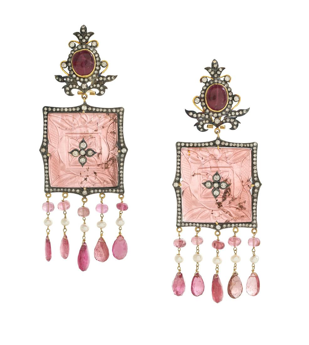 Anuj Shah Rubellite, Diamond and Pearl Earrings: Stunning Pair of Anuj Shah Rubellite, Diamond and Pearl Earrings platinum/14k yellow gold, the earrings mounted with carved rubellite plaques, accented on the top and bottom with cabochon-cut and pear