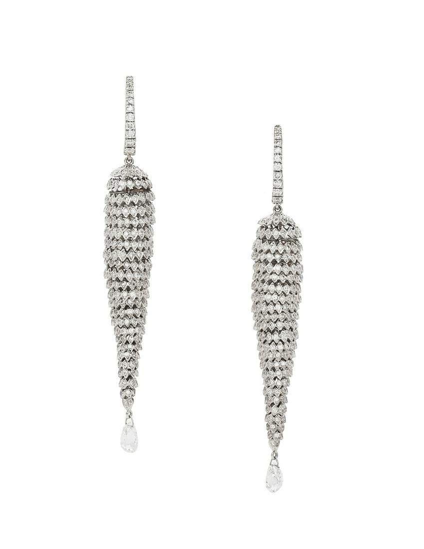 Anuj Shah Diamond "Cocoon" Earrings: Elegant Pair of Anuj Shah Diamond "Cocoon" Earrings 14k white gold, the earrings mounted with a diamond briolette suspended from an articulated "cocoon"-form dangle, mounted with single-cut diamonds,