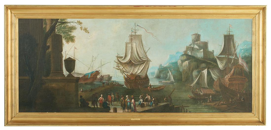 Follower of Adrien Manglard (French, 1695-1760): Follower of Adrien Manglard (French/Rome, 1695-1760) "Harbor Scene" oil on canvas laid down on masonite unsigned. Framed. 38-1/4" x 81-1/2", framed 41-1/4" x 89-1/2" Provenance: Christie's, New York,