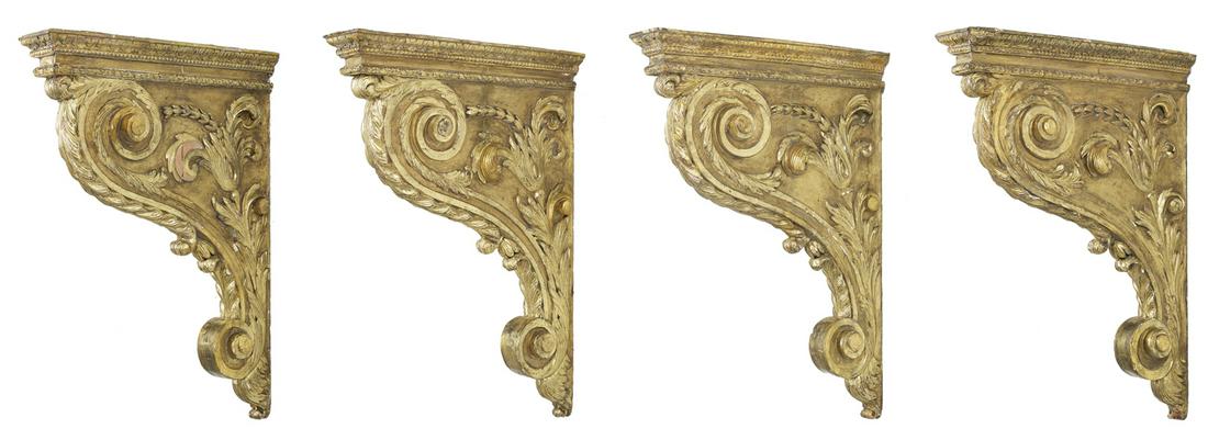 Four Handsome Neoclassical-Style Giltwood Corbels: Four Handsome Neoclassical-Style Giltwood Corbels mid-19th century, the edges carved with acanthus leaves, the sides decorated with raised scrollwork, carved acanthus leaves and carved bellflowers, th