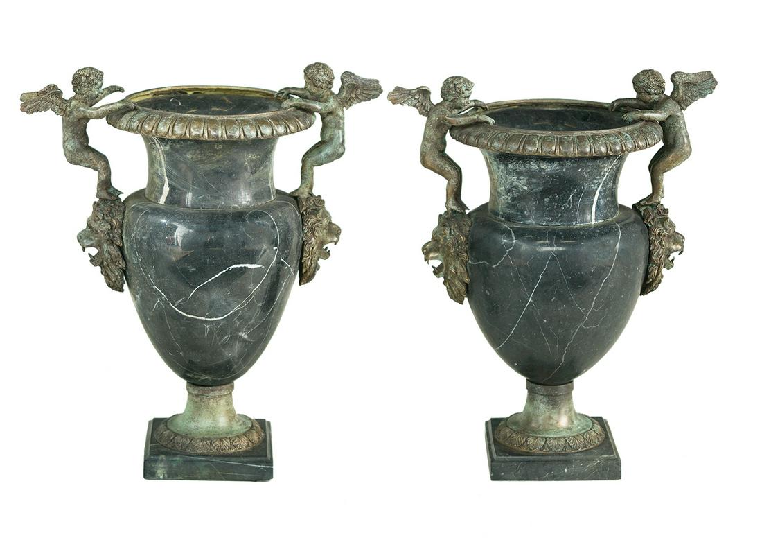 Pair of Neoclassical-Style Bronze and Marble Urns (1 of 1)