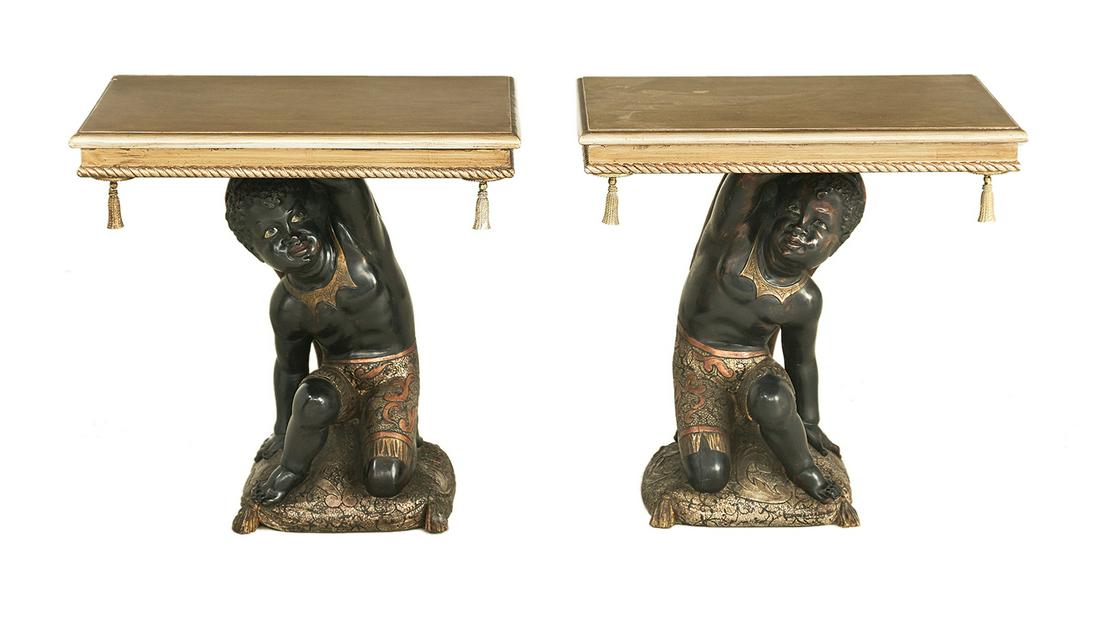 Pair of Carved Venetian Blackamoor-Form Tabourets: Pair of Carved Venetian Blackamoor-Form Tabourets each pedestal in the form of a gondolier dressed in polychrome embroidered breeches, kneeling on a pillow, ca. 1900, and supporting a later giltwood t