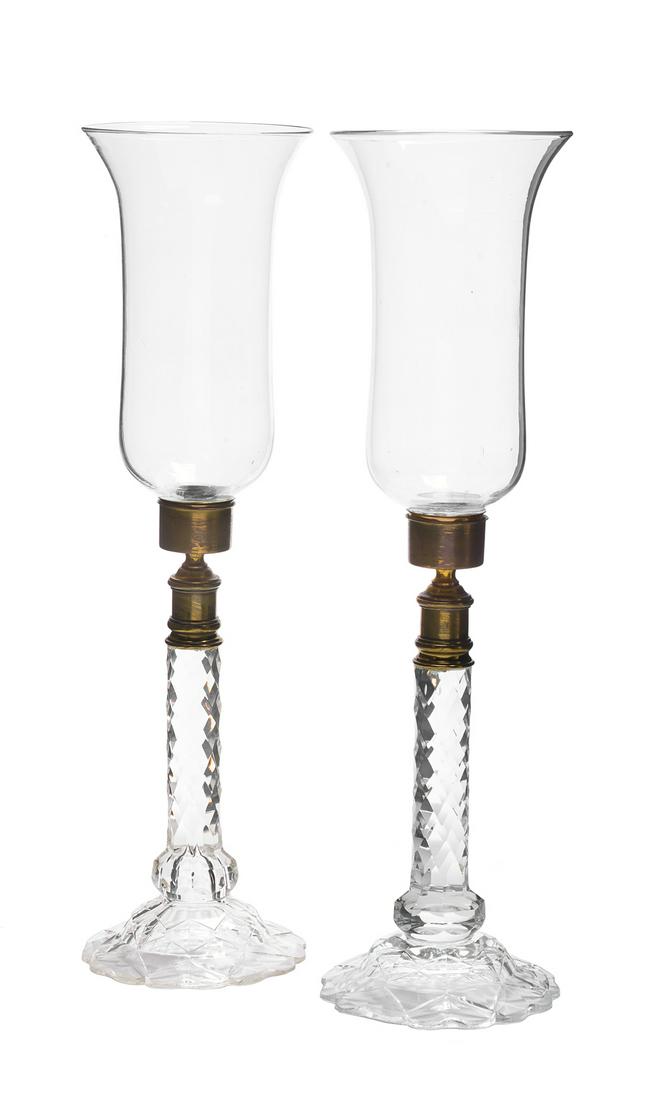 Pair of Anglo-Irish Glass & Brass Hurricane Lamps (1 of 1)