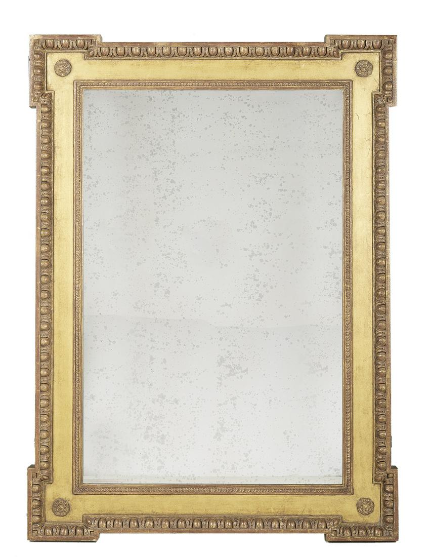 Edwardian Giltwood Mirror in the George II Taste: Edwardian Giltwood Mirror in the George II Taste first quarter 20th century, with crossetted corners, the edges decorated with egg-and-dart carving, the corners with carved medallions. h. 55", w. 40-1