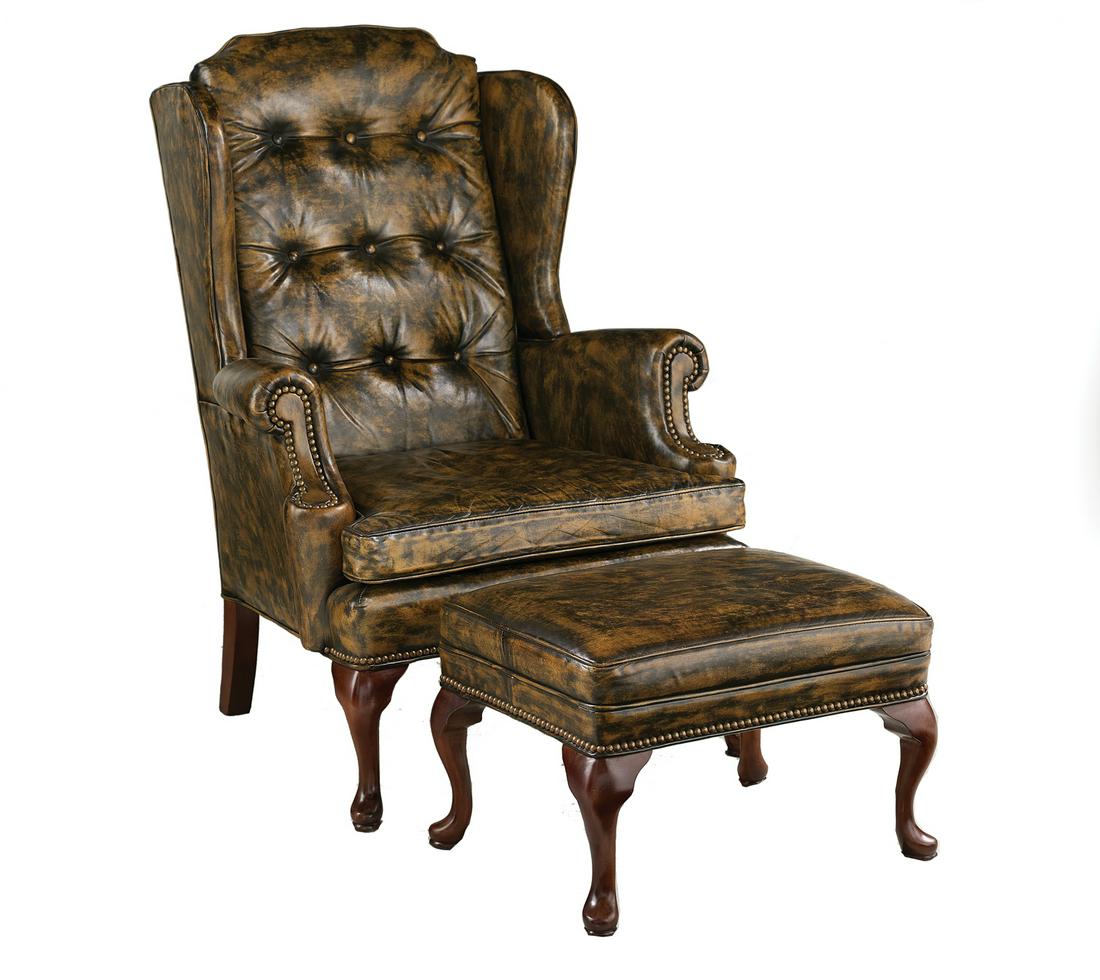 Queen Anne-Style Leather Wing Chair and Footstool (1 of 1)