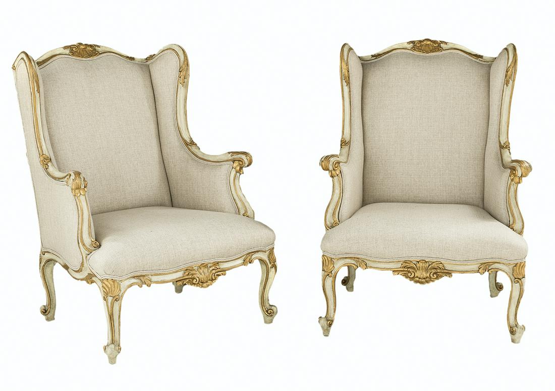 Pair of Louis XV-Style Bergeres avec Oreilles: Pair of Louis XV-Style Polychromed Bergeres avec Oreilles 20th century, each with a padded and domed back surmounted by a foliate shell crest, joined by shaped sides and outscrolled arms to the padded