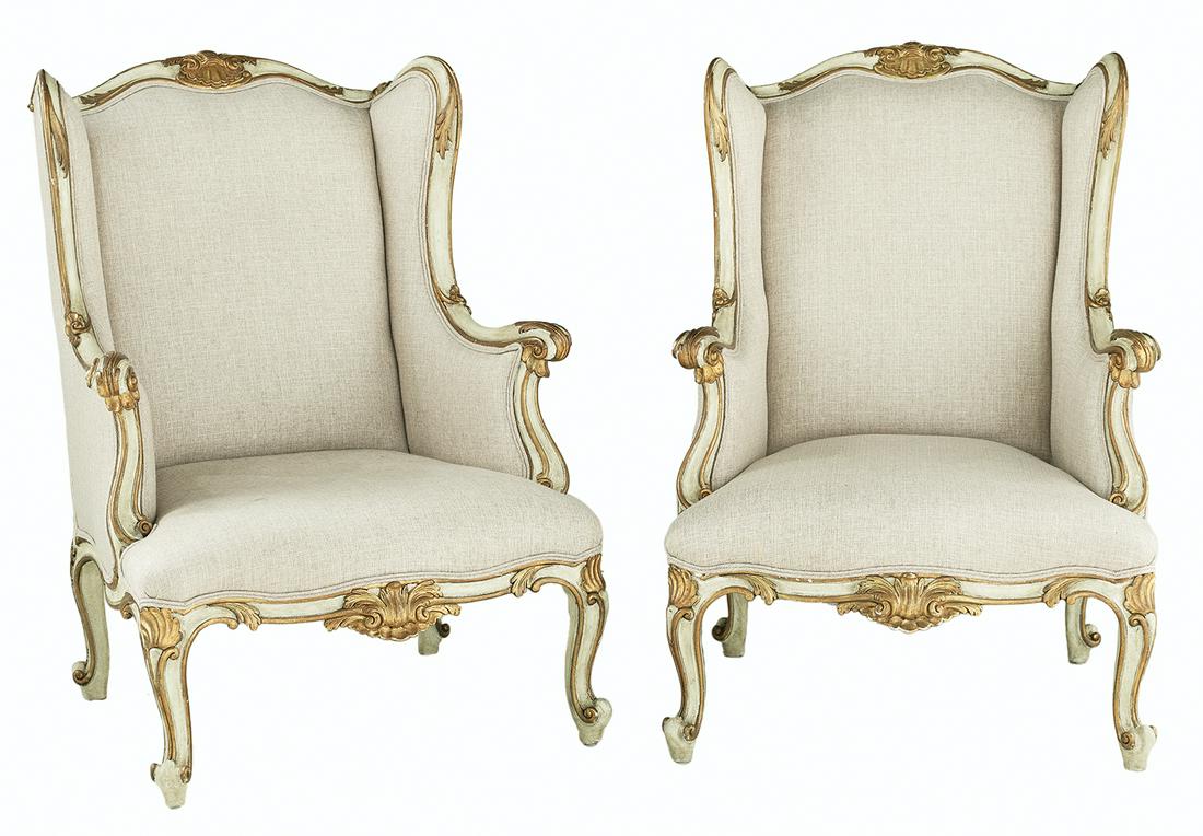 Pair of Louis XV-Style Bergeres avec Oreilles: Pair of Louis XV-Style Polychromed Bergeres avec Oreilles 20th century, each with a padded and domed back surmounted by a foliate shell crest, joined by shaped sides and outscrolled arms to the padded